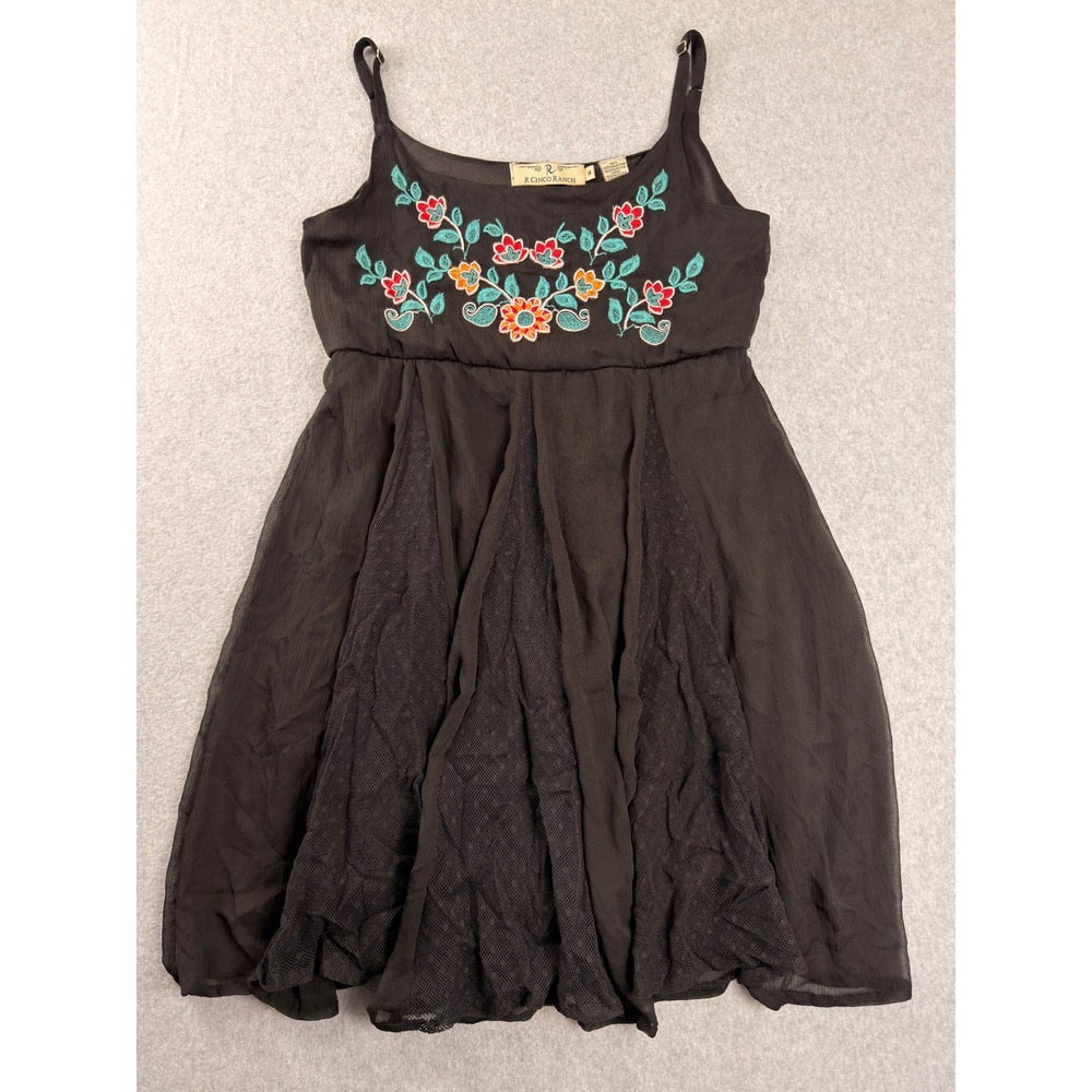 R Cinco Ranch Black Floral Embroidered Mesh Panel Mini Dress Womens Medium